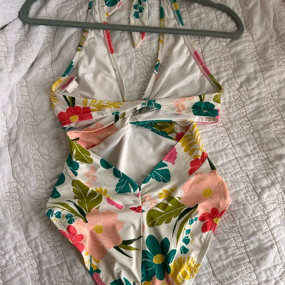 Floral Tie-Front One-Piece Swimsuit - Cream Base with Multicolor Flowers - Picture 2 of 4